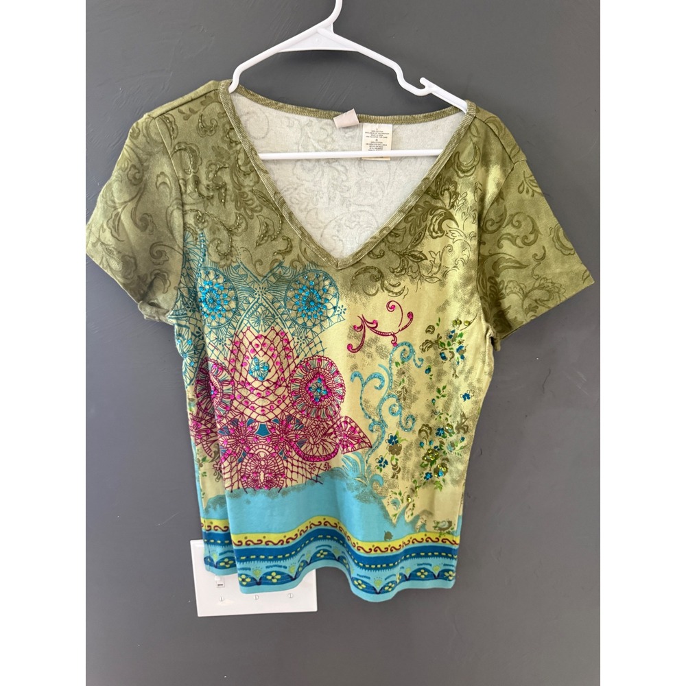 Forbidden Vintage Y2k Fairy Short Sleeve Boho Sequin Top Green Blue Large